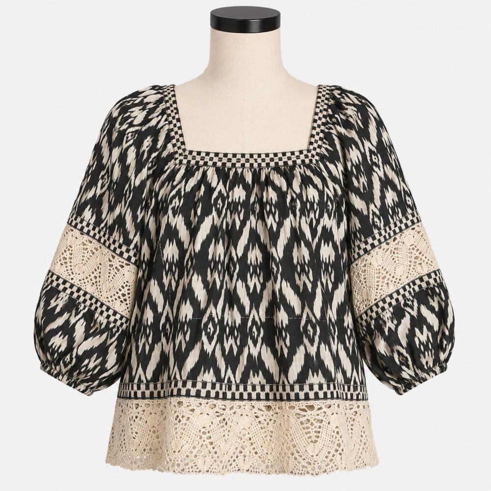 Christian Siriano New York Black Ivory Ikat Peasant Blouse XS Linen Crochet Trim